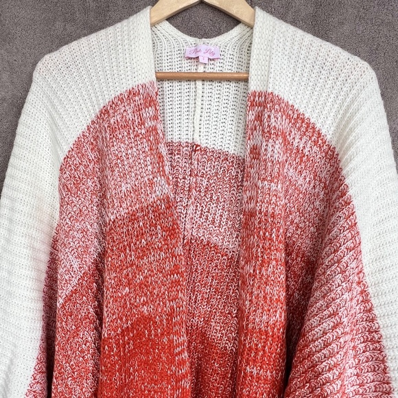 ❤️Pink Lady Women Open Front Fringe Striped Chunky Knit Cardigan Sz S 3/4 Sleeve - Picture 5 of 9